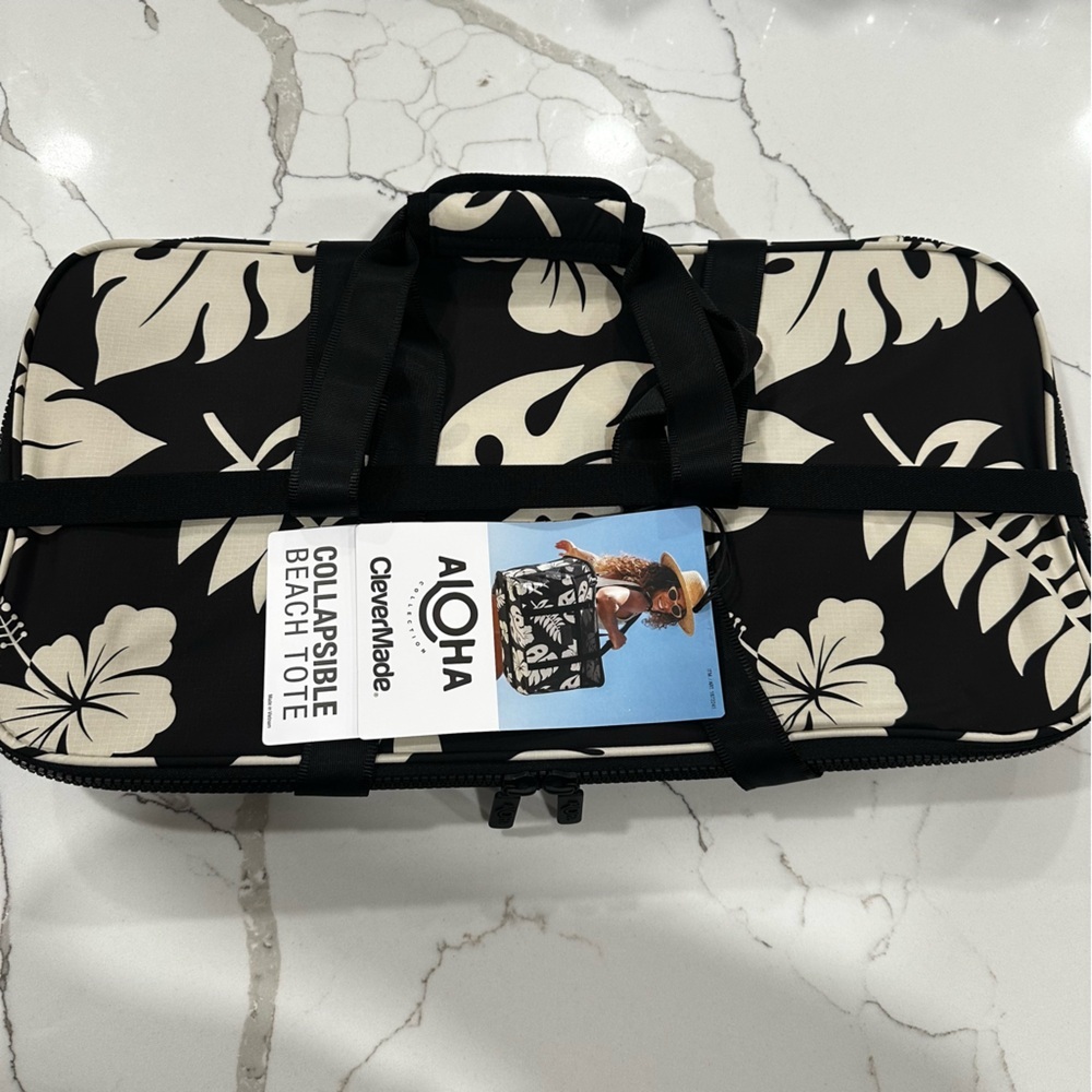 ALOHA Collection x CleverMade Collapsible Beach Tote Black White Floral